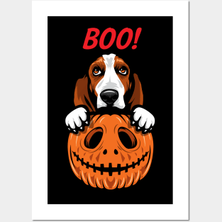 Halloween Pumpkin Basset Hound Posters and Art